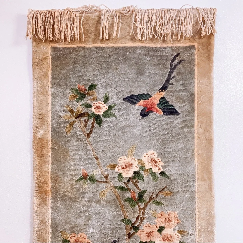 Chinoiserie Hand Knotted Silk Wall Hanging Rug Tapestry Apple Tree Blossoms Bird
